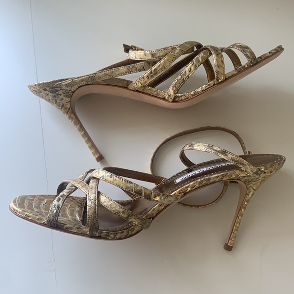 Manolo Blahnik Gold Embossed Python Leather High Heel Ankle Strap Sandals 40 1/2 - Picture 7 of 13